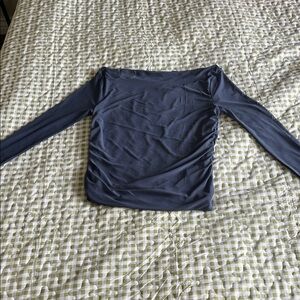 Blue off the shoulder mesh ruched top